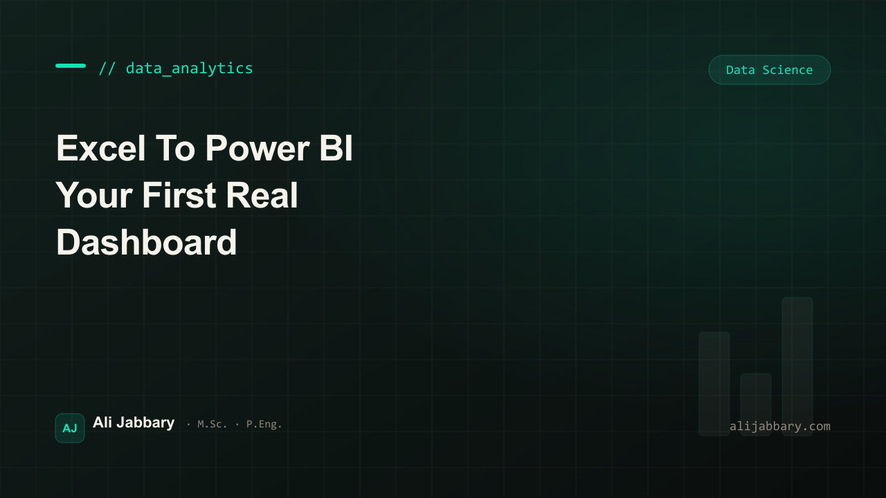 A green Excel grid on the left morphing into a Power BI dashboard of charts and a slicer on the right.