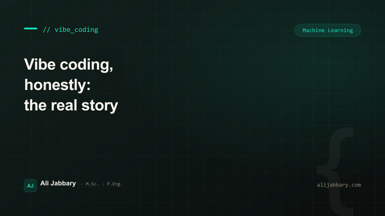 A split scene: a slick AI-generated app on one side, a tangled debugging session on the other